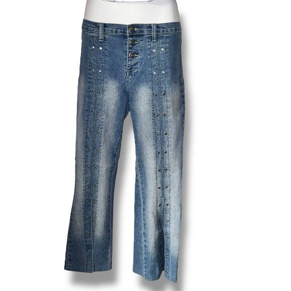 O’lico Split Leg Eyelet Jeans Y2K Light Wash Vintage Denim Size 11 Low Rise - Picture 1 of 10